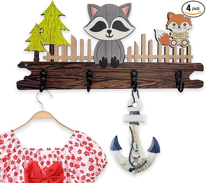 Dog Leash Holder for Wall Mount, Farmhouse Wooden Dog Claw Hooks, Paws Key Rack Accessories for Rustic Home Decor (Raccoon)