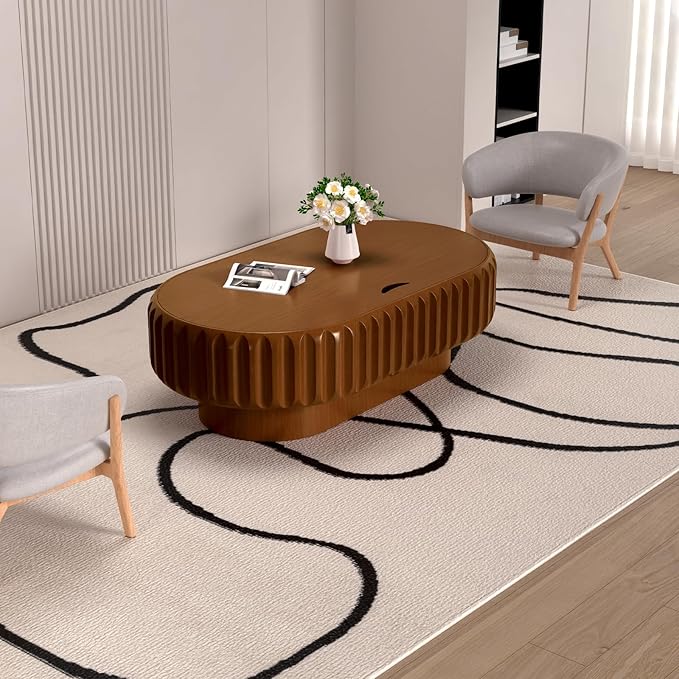 43.3" Oval Drum Coffee Table with Storage Modern Unique Fluted Tea Table Contemporary Wood Oval Coffee Table Centr Table for Living Room Apartment (Brown oval-43.3in)