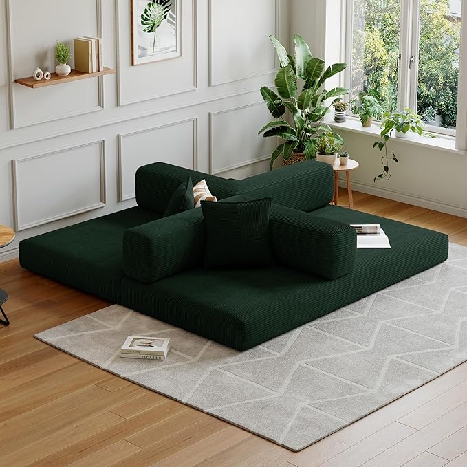 78.8''Convertible Sleeper Sofa Bed,Compressed Floor Boneless Couch,Modular Modern Corduroy Sofa for Living Room Bedroom -with Fixed-Shape Frame and Support Armrest,Easy Assembly(Dark Green)