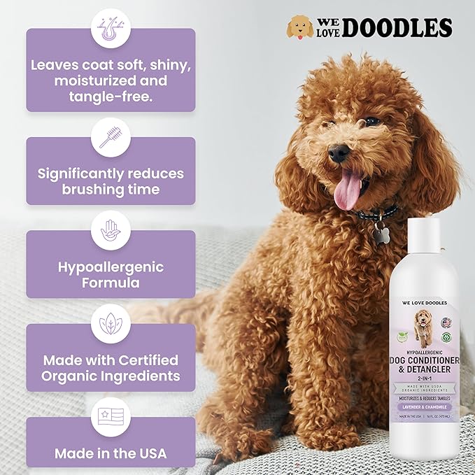We Love Doodles Dog Conditioner & Dog Bath Brush - 2-in-1 Conditioner for Allergies & Itching, Lotion Treatment for Dogs, Pet Rubber Brush for Shower Scrubbing & Soothing Massage, for Puppy Grooming