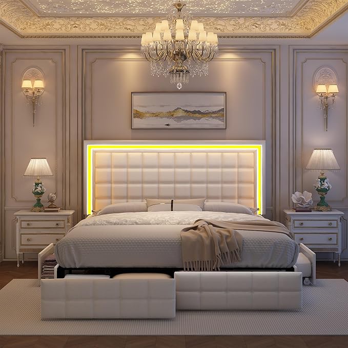 King Bed Frame with LED Lights & Storage Drawers, No Box Spring Needed, Heavy Duty 900lbs Weight Capacity, Easy Assembly, Modern Upholstered Platform Bed, Velvet Cream