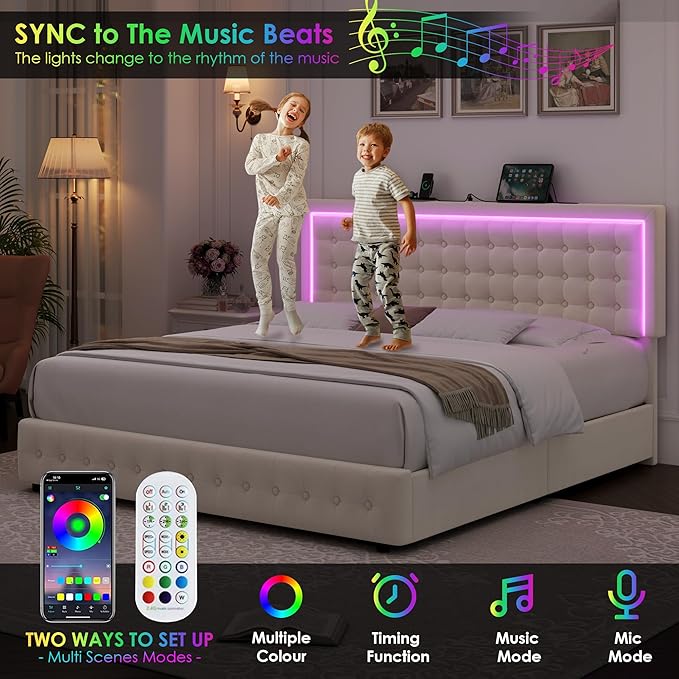 HIFIT Upholstered King Size LED Bed Frame with Charging Station and 4 Large Storage Drawer, Velvet Button Tufted King Platform Bed with Adjustable Headboard, No Box Spring Needed, Easy Assembly, Beige