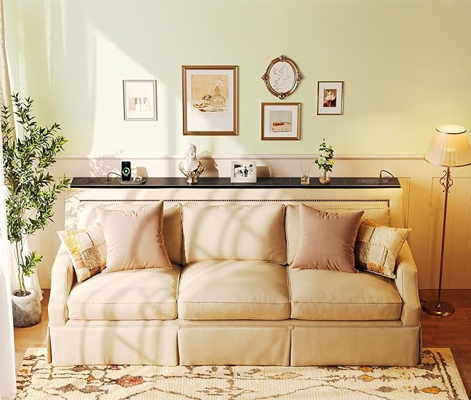 SUPERJARE 5.7 Inch Console Table with Outlet, Sofa Table, Behind Couch Table, 5.7 x 39.4 x 29.7 Inches, Metal Frame, Charging Station, for Living Room, Black