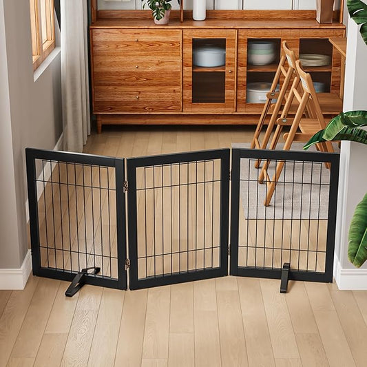 Wire Dog Gate Indoor, Foldable Dog Gates for Doorways, Stairs, 24-Inch Tall Freestanding Pet Gates, Puppy Fence (3 Panel, Black)