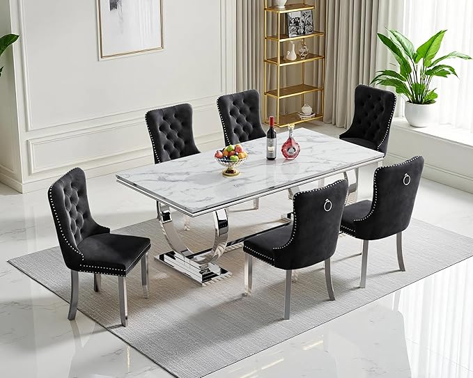 Goujxcy 68" Faux Marble Dining Table Set for 6, 7-Piece Dining Set with White Silver Kitchen Table and 6 Velvet Tufted Chairs, Modern Rectangular Dining Room Table with O-Shape Stainless Steel Base