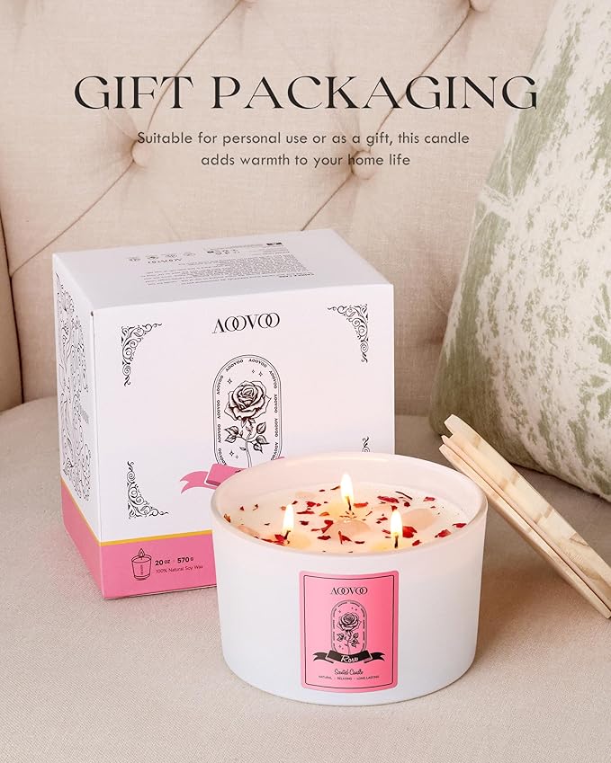 AOOVOO Rose Scented Candles for Women - 20oz 3 Wick Soy Candles for Home Scented, Aromatherapy Candle with Crystals Inside, Birthday Gifts Christmas Candle for Women Mom