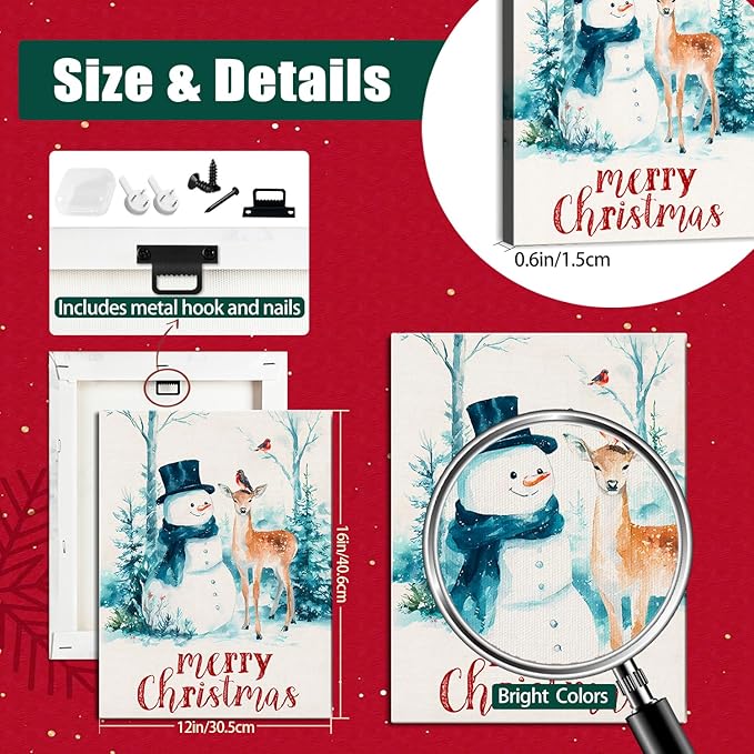 Christmas Snowman with Deer Canvas Wall Art - Rustic Winter Scene Framed Print for Farmhouse Living Room, Cozy Christmas Wall Decor, Ideal Christmas Gifts & Festive Decorations