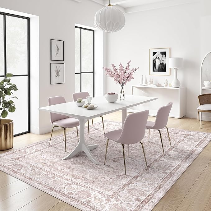 Pink Area Rugs 5x7 Nursery Rug for Baby Girl Neutral Floral Area Rug for Living Room, Vintage Boho Washable Rug Indoor Carpet for Bedroom Dining Room