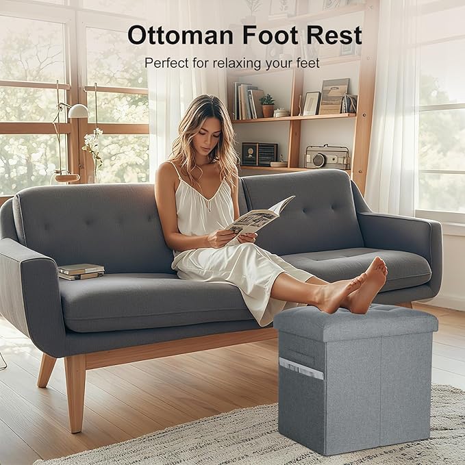 Storage Ottoman Foot Rest, 61L Slim Tall Folding Linen Foot Stool with Thicker Foam Padded Seat. Small Ottoman with Storage Bench for Bedroom Living Room, 300lbs Weight Support, 17x13x13IN, Light Gray