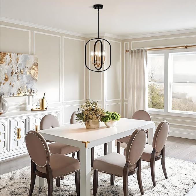 Black and Gold Chandelier Light Fixture, 4-Light Dining Room Chandelier Over Table Farmhouse Rustic Small Entryway Chandeliers Island Pendant Lights for Kitchen Entryway Foyer Living Room