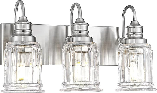 Bathroom Light Fixture, HWH 3-Light Vanity Light Brushed Nickel Modern Bathroom Lights Over Mirror, Bell-Shaped Fluted Glass, 5HZG106B-3W BN