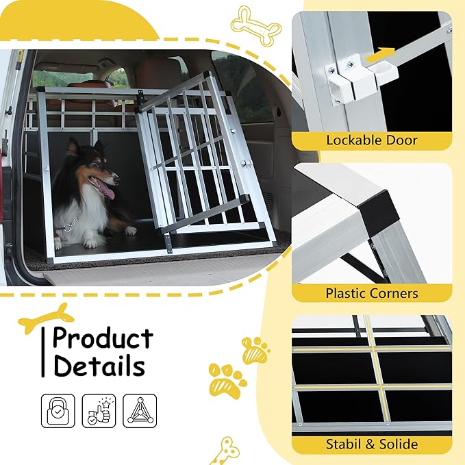 Double Door Travel Dog Cage, Lockable Aluminium Pet Car Transport Crate with Removable Partition, Sturdy Construction for Small Cats and Dogs, Portable Puppy Carrier for Car Use