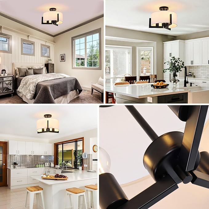 16 inch Semi Flush Mount Ceiling Light: 3-Light Black Modern Light Fixtures Ceiling Mount with Drum Fabric Shade, Close to Ceiling Lamp for Bedroom, Kitchen, Entryway (Bulb Exclude)