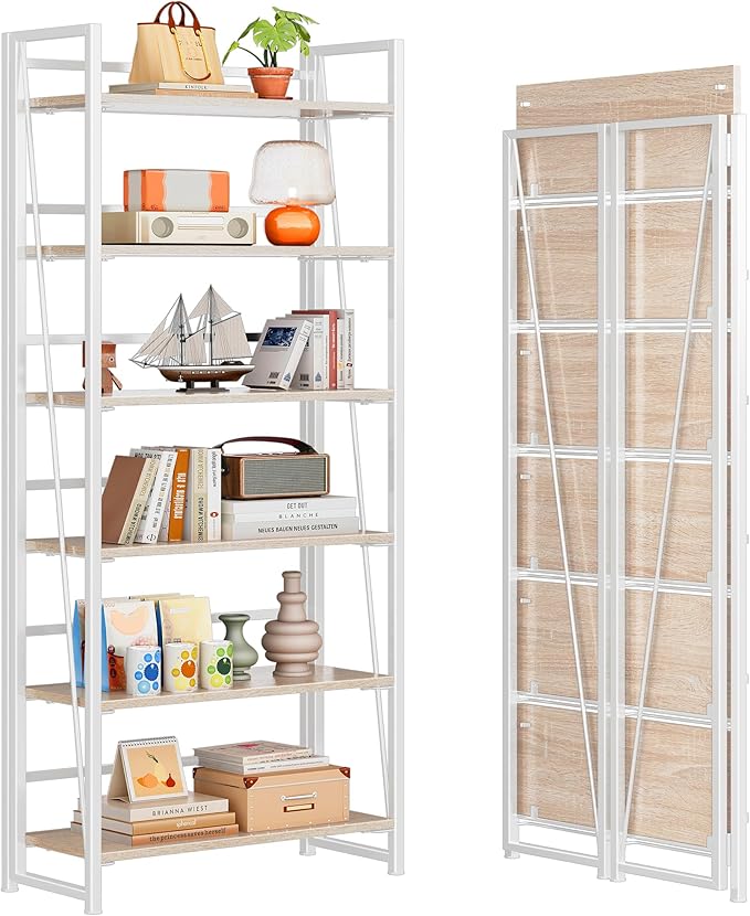 4NM No Assembly Folding Bookshelf, 6-Shelf 74" H Collapsible Foldable Bookcase Storage for Small Spaces, Natural White