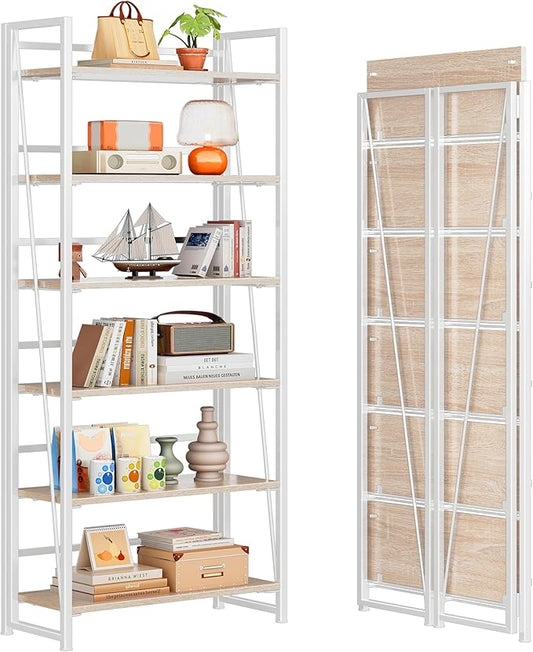 4NM No Assembly Folding Bookshelf, 6-Shelf 74" H Collapsible Foldable Bookcase Storage for Small Spaces, Natural White