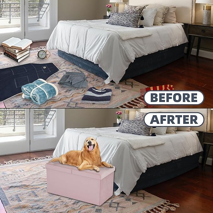 CAROLMADE 30 Inches Storage Ottoman Bench with Flipping Lid, Velvet Foldable Storage Footrest, Ottoman with Storage for Living Room Holds up to 330lbs, Pink