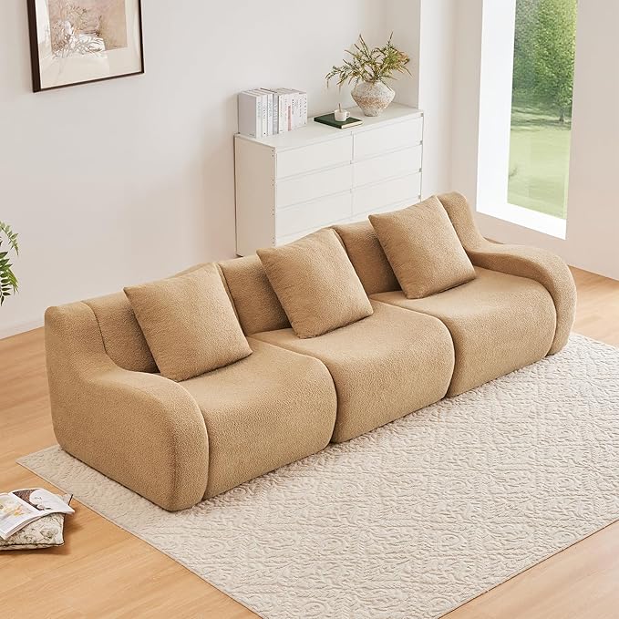 Camel 3-Seater Cloud Couch, Modern Teddy Fabric Boneless Sectional Sofa in a Box for Living Room, Modular Floor Couch, Deep Seat, No Assembly Required, Sofas para Sala
