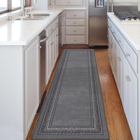 Antep Rugs Alfombras Bordered Modern 2x5 Non-Slip (Non-Skid) Low Pile Rubber Backing Kitchen Area Runner Rug (Gray, 2' x 5')