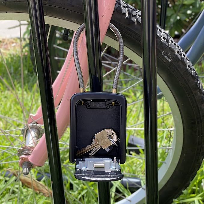 Iron Lock® Key Lock Box Portable with Cable Shackle – Small Waterproof Heavy-Duty Metal Safe with 4-Digit Combination for Spare Keys Outside on Door Knob, Fence, Pipe or Gate (Black, Small)