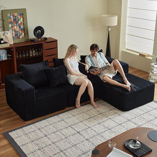 102" Black Couch for Living Room,Boneless Couch No Assembly Required,Comfy Couches with Oversized Chaise,Compressed Sofa for Any Room,Modern Sofa-Corduroy