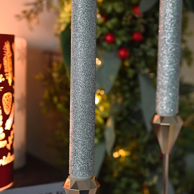 Flameless Taper Candles Flickering with Remote and Timer, 3D Moving Flame Taper Candle Battery Operated to 400 Hours, 9 Inch Window Candles, (Glitter Silver)