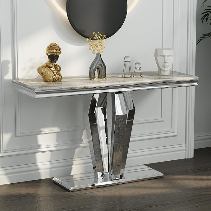 Silver Console Table, Luxury Grey and Silver Sofa Table, 50 inch Rectangle Entryway Table with Mirrored Geometric Base for Living Room, Hallway