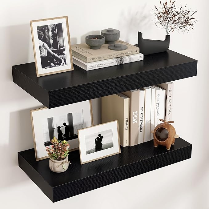 Floating Shelves for Wall, 24 Inch Wide x 12 Inch Deep Floating Shelves, Long Wood Floating Wall Shelf Shelves for Living Room Bathroom Bedroom Kitchen Home - (Black, 24" W x 12" D x 2" H)