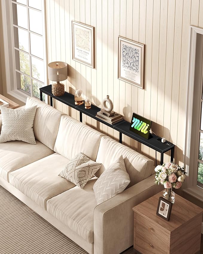 78.7" Narrow Console Table with Power Outlet 7.1" Skinny Sofa Long Behind Couch Table with Charging Station for Hallway, Living Room Black TXG20UBB