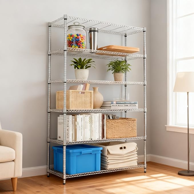6 Tiers Shelf 2100 lbs Steel Storage Shelving Utility Shelving Unit Steel Organizer Wire Rack for Home,Kitchen,Office,Garage Chrome 17.7" D x 47.2" W x 82.4" H