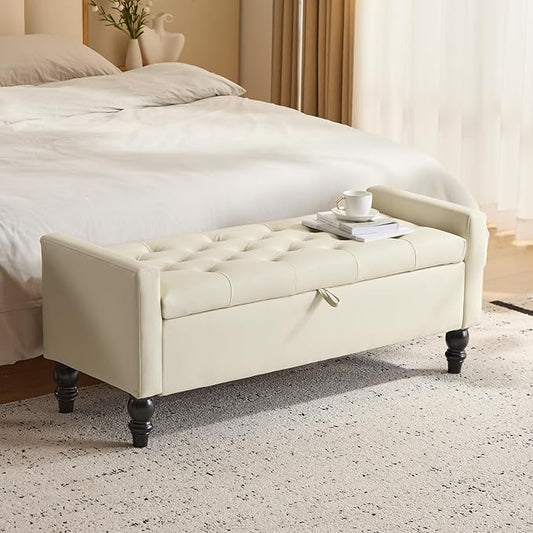 47" Storage Ottoman Bench, End of Bed Bench for Bedroom, Leather Upholstered Ottoman with Storage for Living Room, Entryway, Window (Beige)