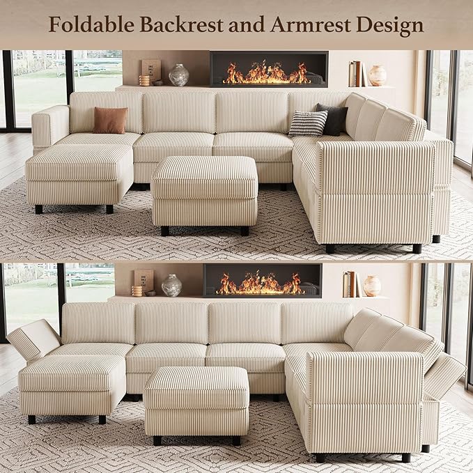 Modular Sectional Sofa U Shaped Couch with Storage Ottoman Corduroy Sectional Couch for Living Room, Beige