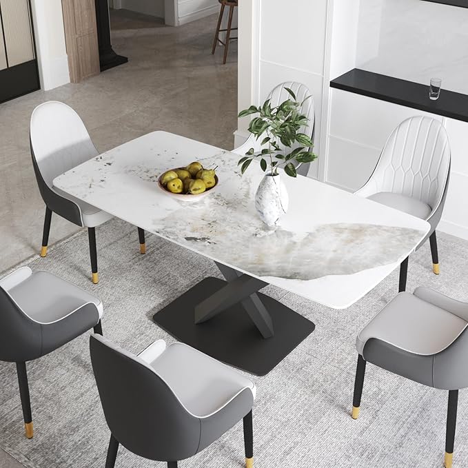 Modern Rectangle Marble Dining Table,63" Antique White Marble Sintered Stone Top Dining Table,Rectangle Dining Room Table with X-Shape Carbon Steel Pedestal Table for Kitchen/Living Room(Table Only)