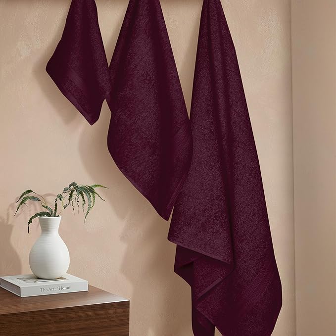 BOUTIQUO Ultra Soft 3 Pack Cotton Towel Set, Contains a Bath Towels 27x54 inch, a Hand Towels 16x24 inch & a Wash Coths 12x12 inch, Ideal Everyday use, Compact & Lightweight - Burgundy