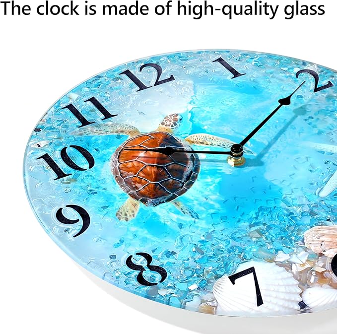 Coastal Nautical Glass Wall Clock with Seashell Design and Turtle Beach Theme - Battery Operated Silent Wall Decor for Home, Kitchen, Living Room, Office, Bedroom, or Bathroom (12 Inch,Blue)