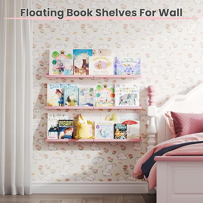 upsimples Pink Shelves for Wall, Pink Room Decor for Teen Girls, Bedroom, Living Room, Game Room, 6 Pack Wall Mounted Wood Shelves for Picture, Plants