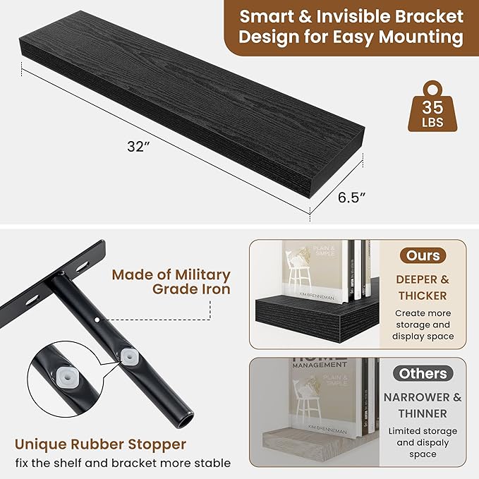 fuqing Floating Shelves for Wall, Wall Mounted Wood Floating Shelf with Invisible Brackets for Living Room, Bathroom, Bedroom, Kitchen Storage and Decor, 32 Inch Set of 2, Black