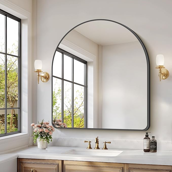 Arched Bathroom Mirror, 36"x40" Black Arched Mirror for Bathroom, Wall Mounted Mirror, Black Vanity Wall Mirror w/Metal Frame for Bedroom, Entryway, Living Room, Vertically Hanging