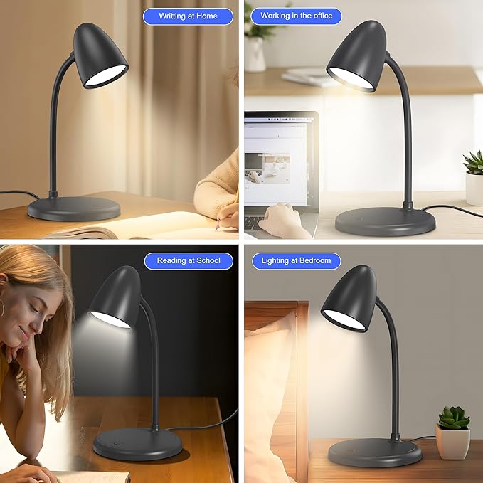 LED Desk Lamp for Home Office,3 Light Colors,Table Lamp,Dimmable Reading Light for Bedside Small Desk Lamp for College Dorm Room,Bedroom Desk Light,Black