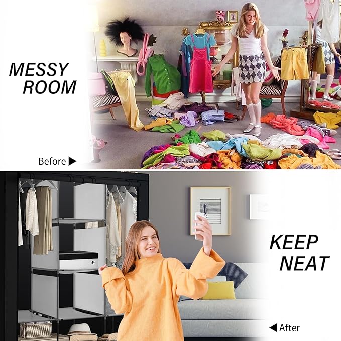 PLKO Portable Closet, Wardrobe Closet Organizer,Portable Clothes Closet Rolling Door Wardrobe with Black Oxford Fabric Cover for Bedroom, (Black)