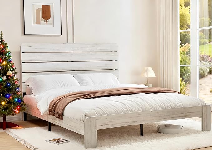 Rustic White Queen Size Wooden Bed Frame with Farmhouse Headboard, Solid Wood Platform Bed with Wood Slats, Noise-Free Structure, No Box Spring Needed