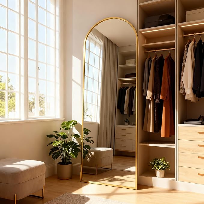 Arched Full Length Mirror,65" L x 24" W Floor Mirror, Aluminum Alloy Frame, Shatterproof Glass - Free Standing, Leaning or Wall Mounted for Bedroom, Living Room, Entryway, Modern Home (Gold)