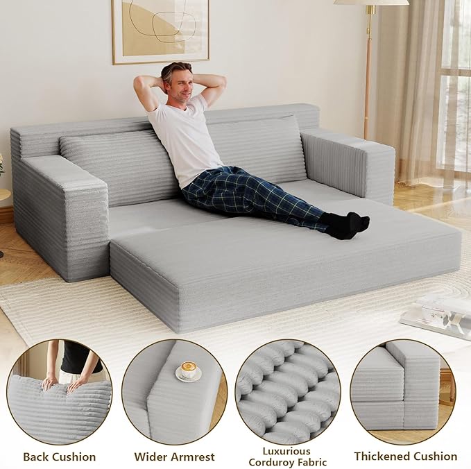 70.78" Loveseat Sofa, Modern Small Corduroy Couch Comfy Deep Seat for Living Room, Bedroom, Apartment, Home Office, No Assembly, Light Grey