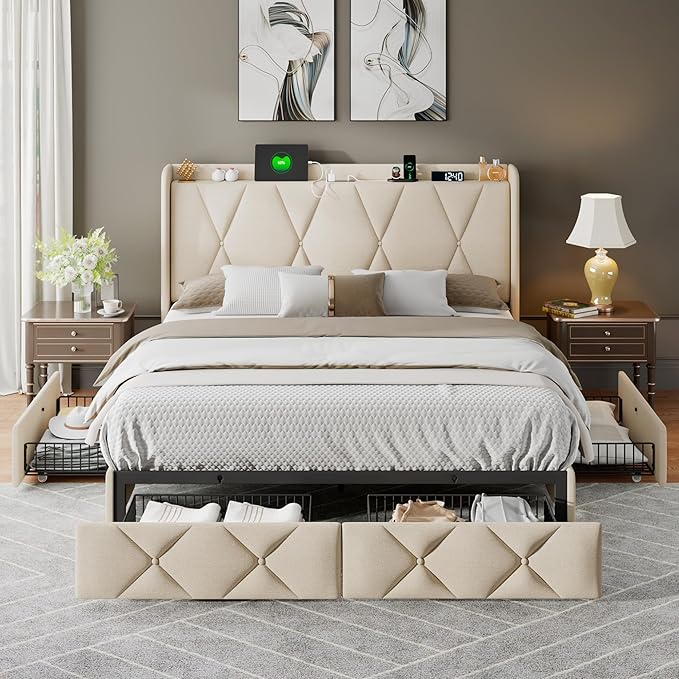 Feonase Full Size Bed Frame with 4 Storage Drawers, Upholstered Platform Bed with Charging Station, Wingback Storage Headboard, Wooden Slats Support, No Box Spring Needed, Easy Assembly, Beige