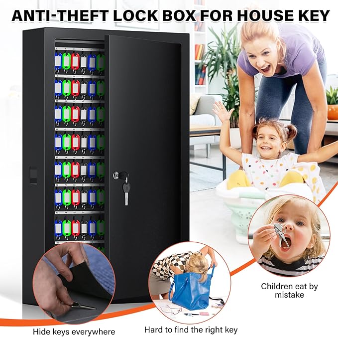 225 Keys Key Lock Box Wall Mount with Additional 16 Side Hooks and Key Tags, Anti-Theft Key Box Key Cabinet with Side Opening, Key Organizer Key Safe for Home Office Garage Rental Business