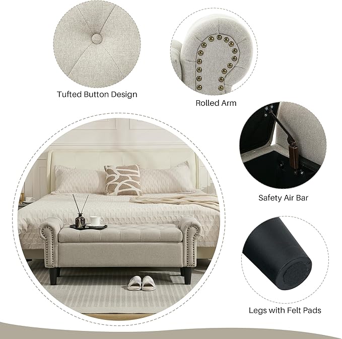 Storage Bench, 50" Queen End of Bed Bench, Linen Tufted Button Upholstered Bedroom Bench, Storage Ottoman with Rolled Arms, Window Bench with Storage, for Living Room, Entryway Light Brown