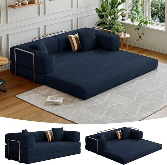 78.8''Convertible Sleeper Sofa Bed,Compressed Floor Boneless Couch,Modular Modern Corduroy Sofa for Living Room Bedroom -with Fixed-Shape Frame and Support Armrest,Easy Assembly(Dark Blue
