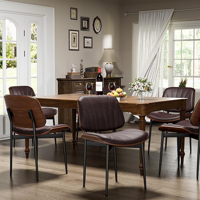 Dining Chairs Set of 2, Dining Room and Kitchen Chairs, Mid Century Modern Accent Chair, Upholstered PU Leather Chairs for Vanity with Walnut Bentwood and Metal Legs, Brown