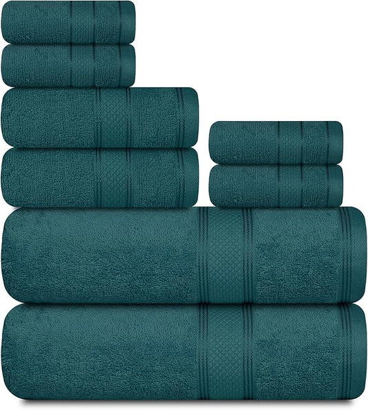 Casa Lino Bath Towel Set of 8 (2 Bath Towels, 4 Wash Cloths & 2 Hand Towels for Bathroom) - 100% Cotton - Highly Absorbent & Quick Dry - Guest Room Essentials for Bathroom Set - (Teal)