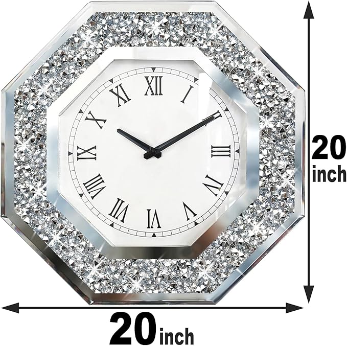 Wall Clock, Octagon Mirror Glass Clock, Cute Diamond 20-inch Non-Ticking Clock for Wall Décor, Perfect Home Decor for Bedroom, Bathroom Motif, Dining Room(Excluding Batteries.)