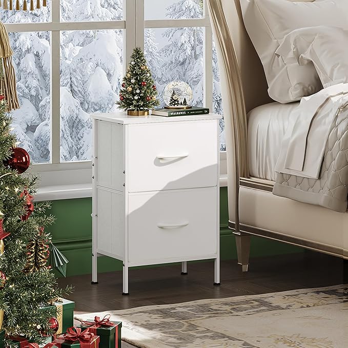 WLIVE White Night Stand, Small Dresser with 2 Drawers & Wooden Top, Nightstand with Fabric Bins, Bedside Table End Table for Bedroom, Closet, Entryway, College Dorm, White
